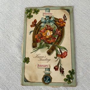 Season's Greeting litho mechanical calendar postcard w one cent Ben Franklin